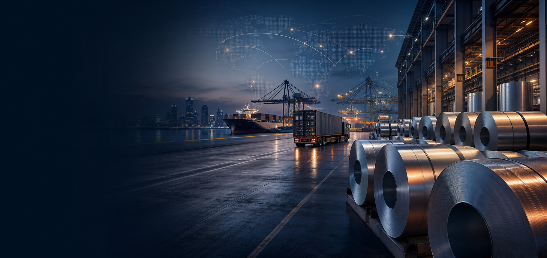 Industrial commodities moving through a global port and warehouse network